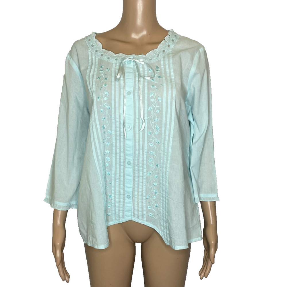 Women's Large Ella Simone Blue Button Front Bow Pleat Cotton Pajama Set - Picture 2 of 10